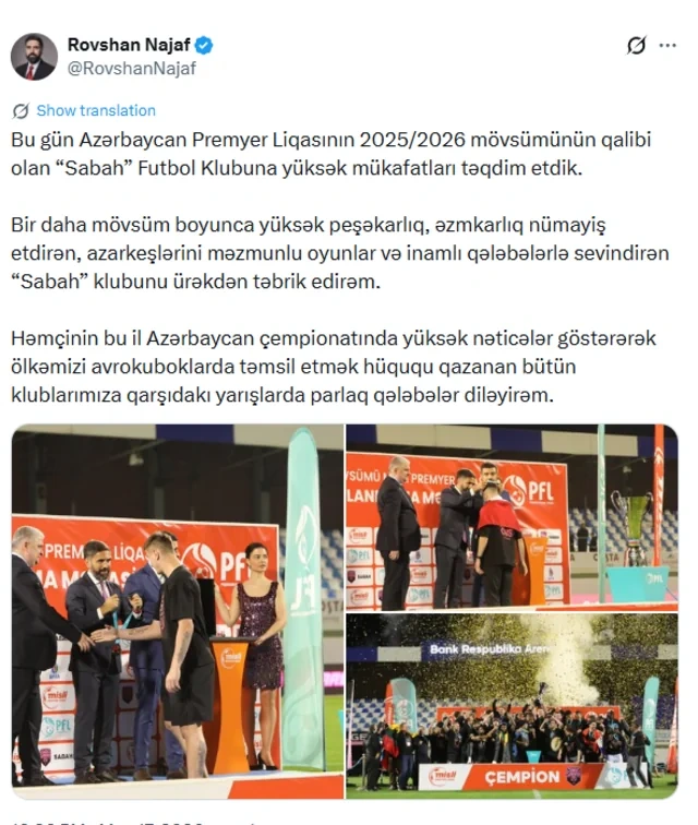 Rövşən Nəcəf: "Sabah" klubunu ürəkdən təbrik edirəm"