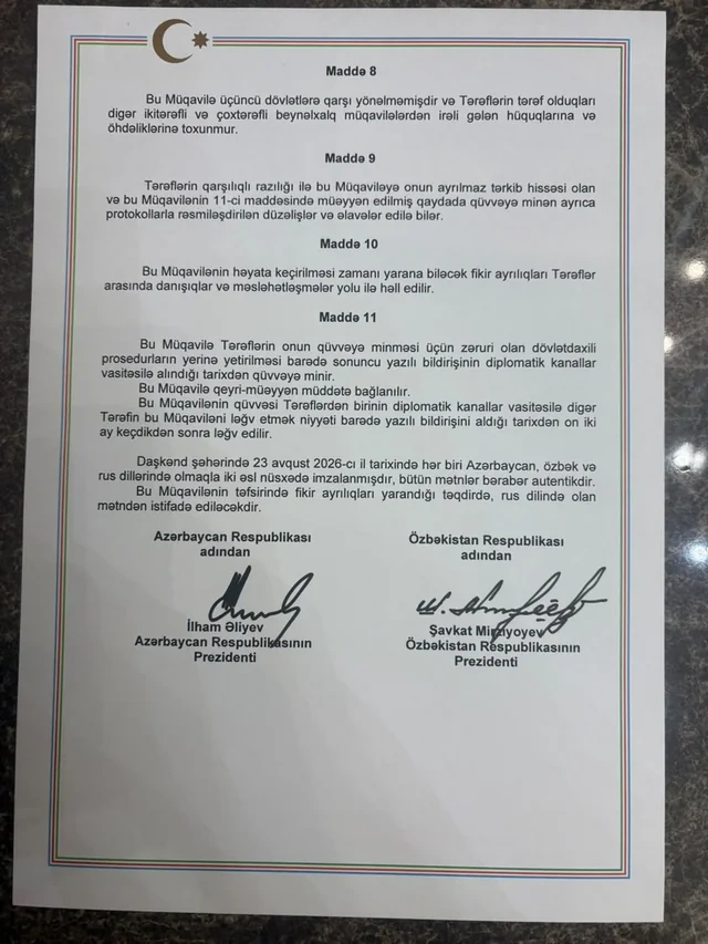 Azərbaycan və Özbəkistan arasında "Əbədi dostluq haqqında Müqavilə" imzalandı