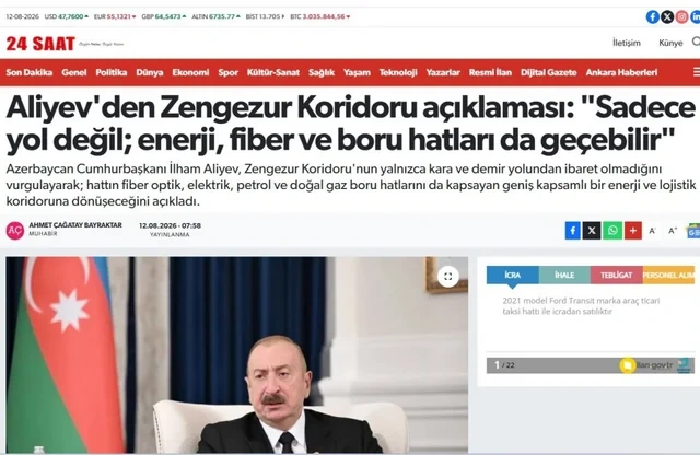 İlham Əliyevin Zəngəzur dəhlizi ilə bağlı fikirləri Türkiyə mediasının diqqət mərkəzindədir - FOTO