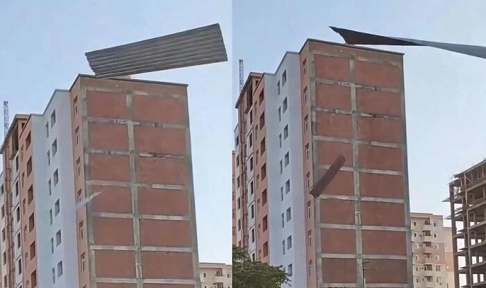 Bakıda güclü külək binanın damını uçurdu - Video