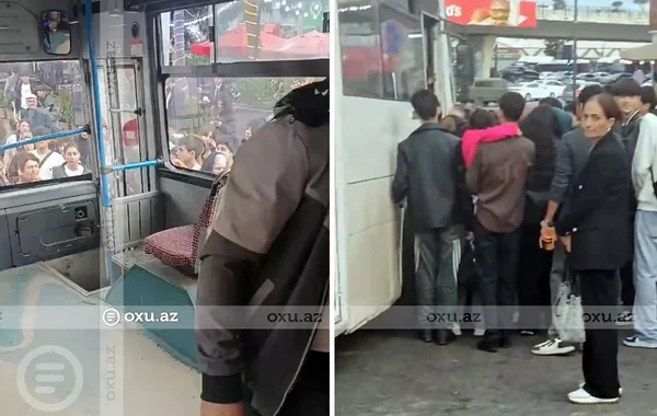 Bakıda avtobus dayanacağında izdiham: Sərnişinlər sıxlıqdan minə bilmirlər - Video