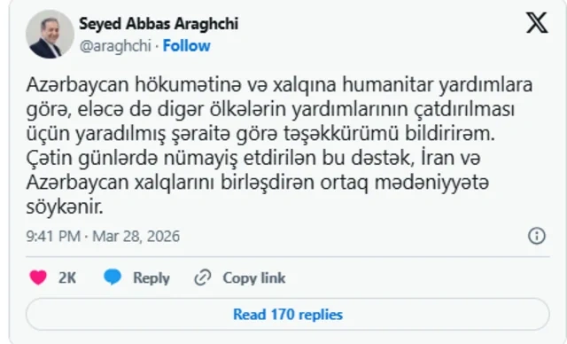 Abbas Əraqçi humanitar yardımlara görə Azərbaycan dilində ölkəmizə təşəkkür etdi