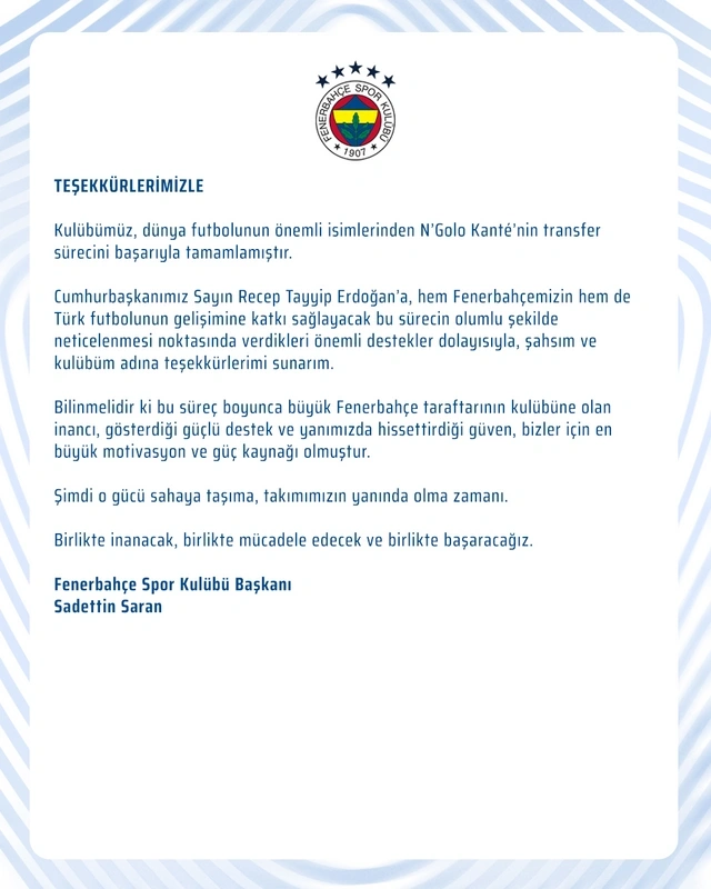 "Fənərbağça" Kanteyə görə Rəcəb Tayyib Ərdoğana təşəkkür etdi