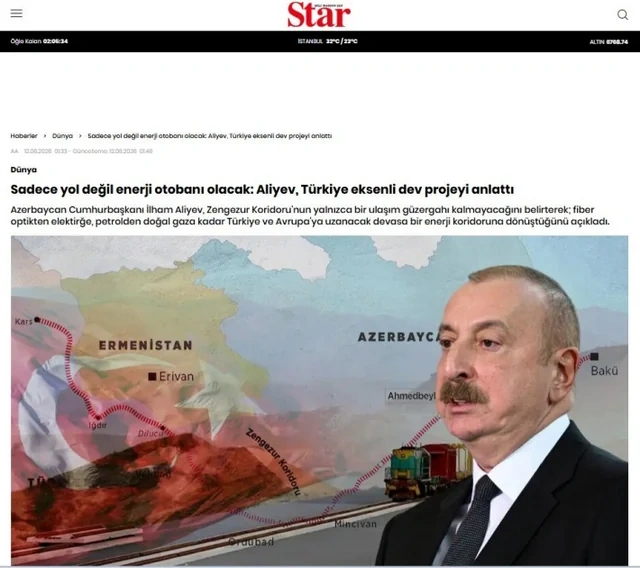 İlham Əliyevin Zəngəzur dəhlizi ilə bağlı fikirləri Türkiyə mediasının diqqət mərkəzindədir - FOTO