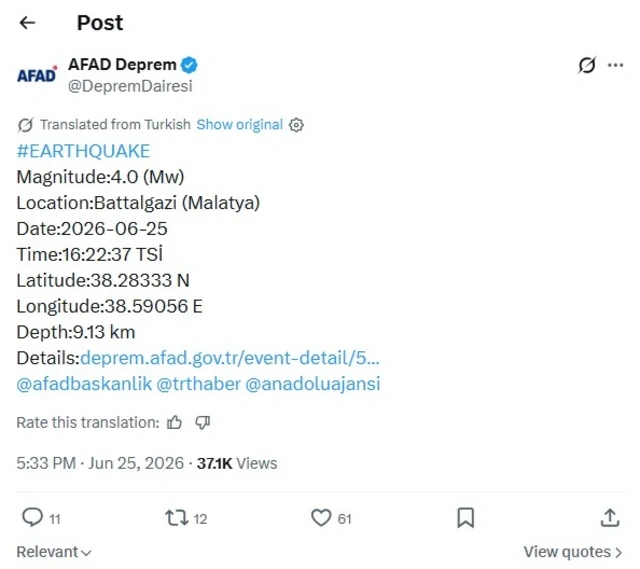 Malatyada zəlzələ oldu - FOTO