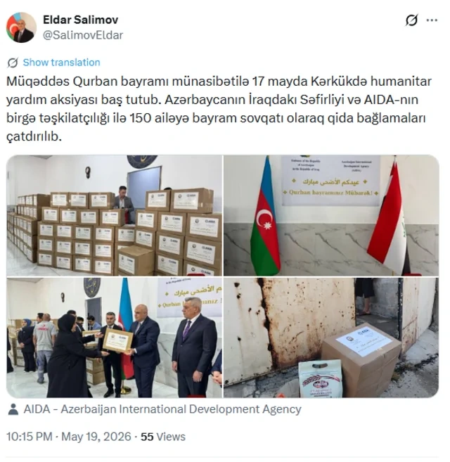 Azərbaycan Kərkükdə 150 ailəyə bayram sovqatı çatdırıb