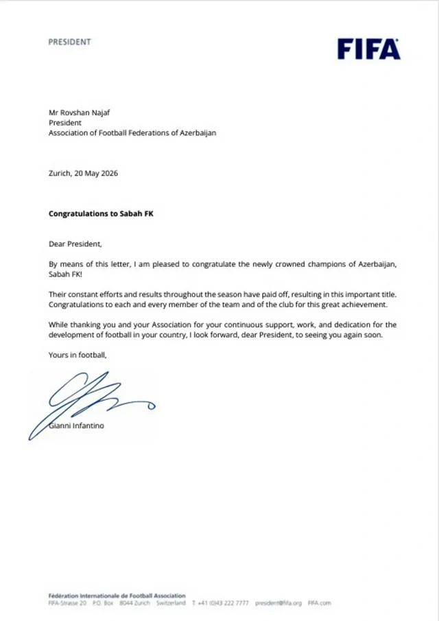 FIFA prezidenti "Sabah"a görə məktub göndərdi - FOTO
