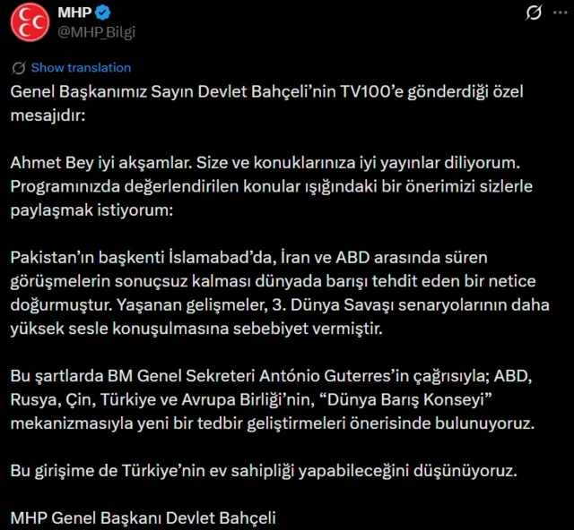 Bahçeli "Dünya Sülh Şurası"nın yaradılmasını təklif edib