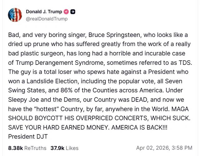 Donald Tramp öz tərəfdarlarını Bryus Sprinqstinin konsertlərini boykot etməyə çağırdı