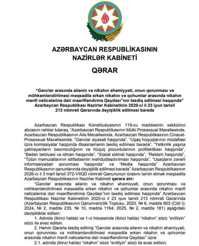 Nikahsız ailə quranlarla bağlı YENİLİK: Erkən evlilik anlayışı dəyişir