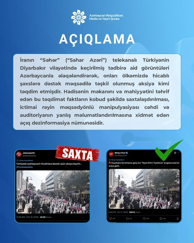 Media və Yayım Şurası: "Diyarbəkirdəki görüntülər İranın "Sahar" telekanalının dezinformasiyasıdır"