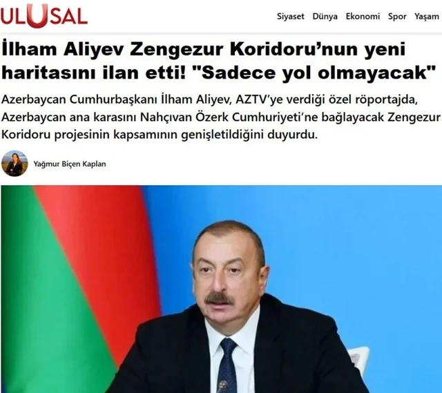 İlham Əliyevin Zəngəzur dəhlizi ilə bağlı fikirləri Türkiyə mediasının diqqət mərkəzindədir - FOTO