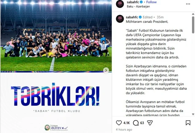 "Sabah" futbol klubu Prezident İlham Əliyevə təşəkkür edib - FOTO