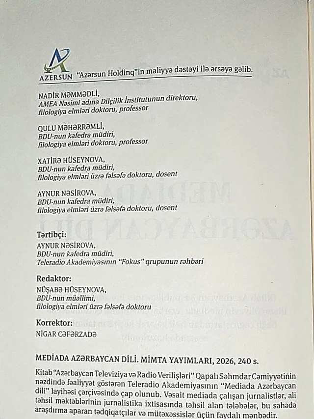 "Azərsun Holdinq"in dəstəyi ilə "Mediada Azərbaycan dili" kitabı nəşr olunub