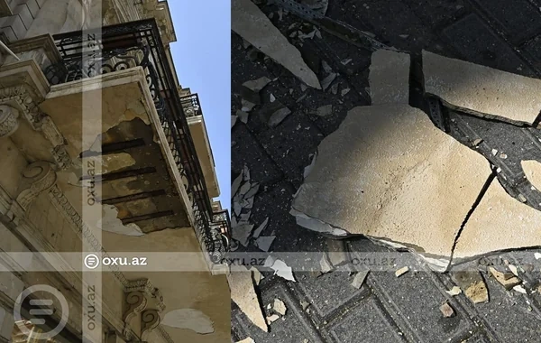 Bakının mərkəzində eyvanın bir hissəsi uçdu - FOTO