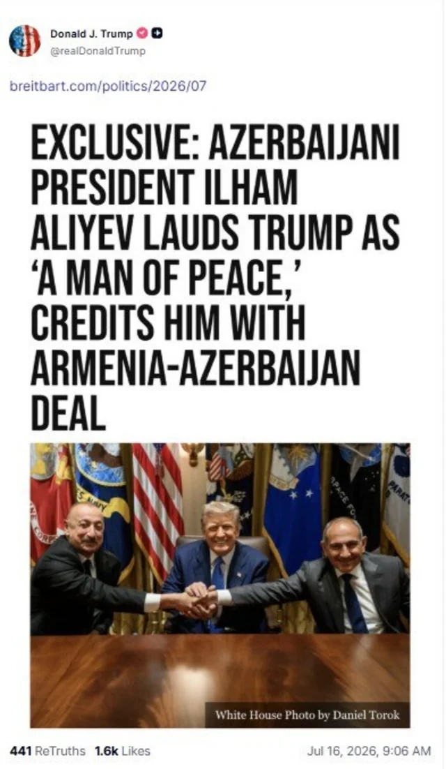 Donald Tramp İlham Əliyevin Şuşa Forumundakı çıxışı ilə bağlı paylaşım etdi - FOTO