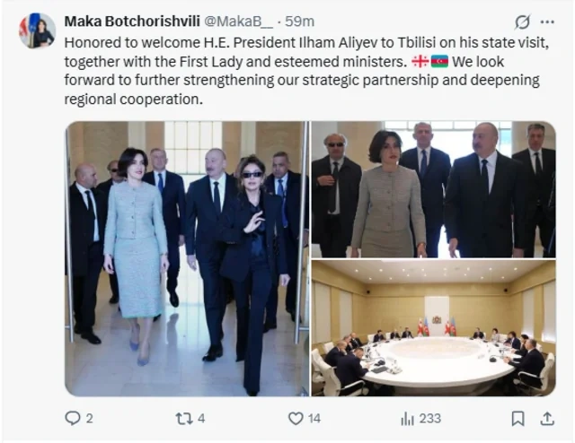 Gürcüstan XİN başçısı: "İlham Əliyevi Tbilisidə salamlamaq bizim üçün böyük şərəfdir"