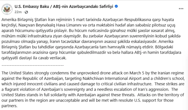 ABŞ səfirliyindən İranın ölkəmizə qarşı həyata keçirdiyi dron hücumuna SƏRT REAKSİYA