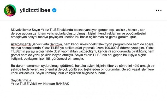 Yıldız Tilbe Vəfa Şərifovanı MƏHKƏMƏYƏ VERİR - 100 min dollar məsələsi böyüyür