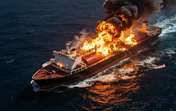 Hörmüz boğazında supertanker minaya düşdü: Gəmini alov bürüdü - VİDEO