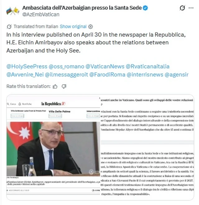 Vatikanla münasibətlər: Azərbaycanın multikulturalizm modeli Avropa mətbuatında - FOTO