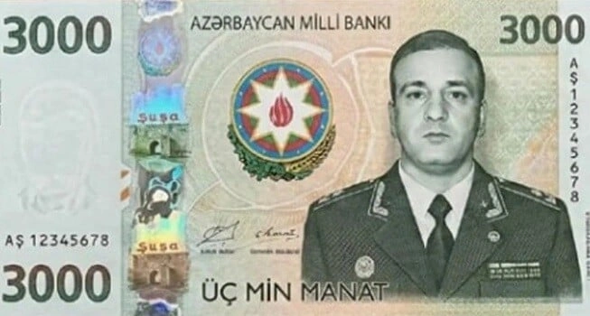 Üzərində Polad Həşimovun şəkli olan 3000 manatlıq əskinas...