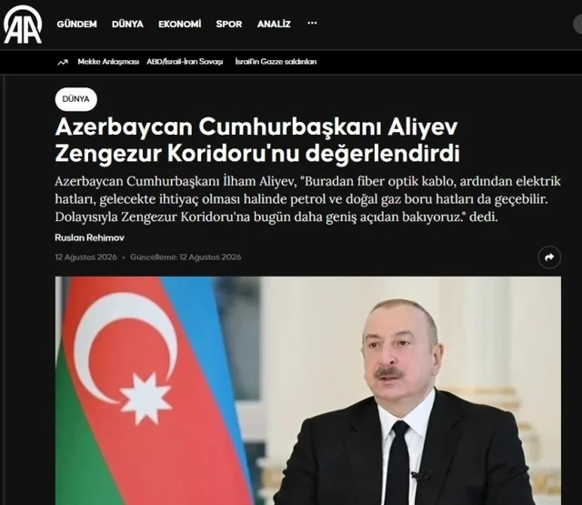İlham Əliyevin Zəngəzur dəhlizi ilə bağlı fikirləri Türkiyə mediasının diqqət mərkəzindədir - FOTO