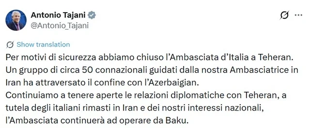 İtaliyanın xarici işlər naziri: "İrandakı səfirliyimiz fəaliyyətini Bakıda davam etdirəcək"