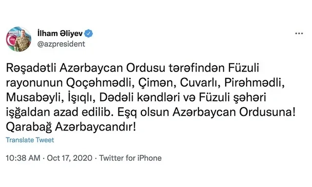 Vətən müharibəsinin 21-ci günü: Füzuli şəhəri işğaldan azad edilir
