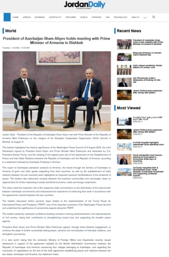 İordaniya mətbuatı Azərbaycan və Ermənistan liderlərinin Bişkek görüşündən yazıb - FOTO