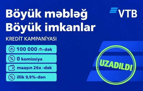 "Bank VTB" (Azərbaycan) 0% komissiya ilə 100 000 AZN-dək nağd kredit kampaniyasını uzadıb