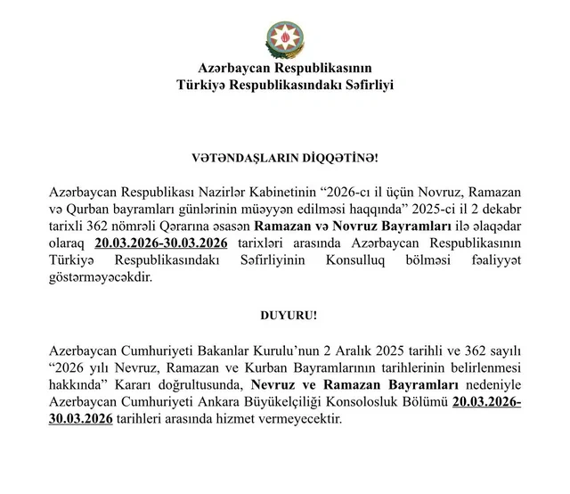 Azərbaycanın Türkiyədəki səfirliyi müvəqqəti konsulluq xidməti göstərməyəcək - SƏBƏB