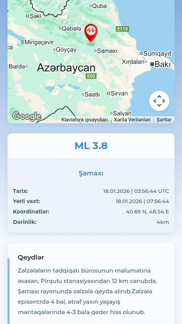Şamaxı rayonunda zəlzələ olub