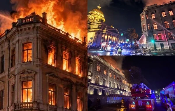 Sankt-Peterburqun mərkəzində tarixi bina yandı - Foto/Video