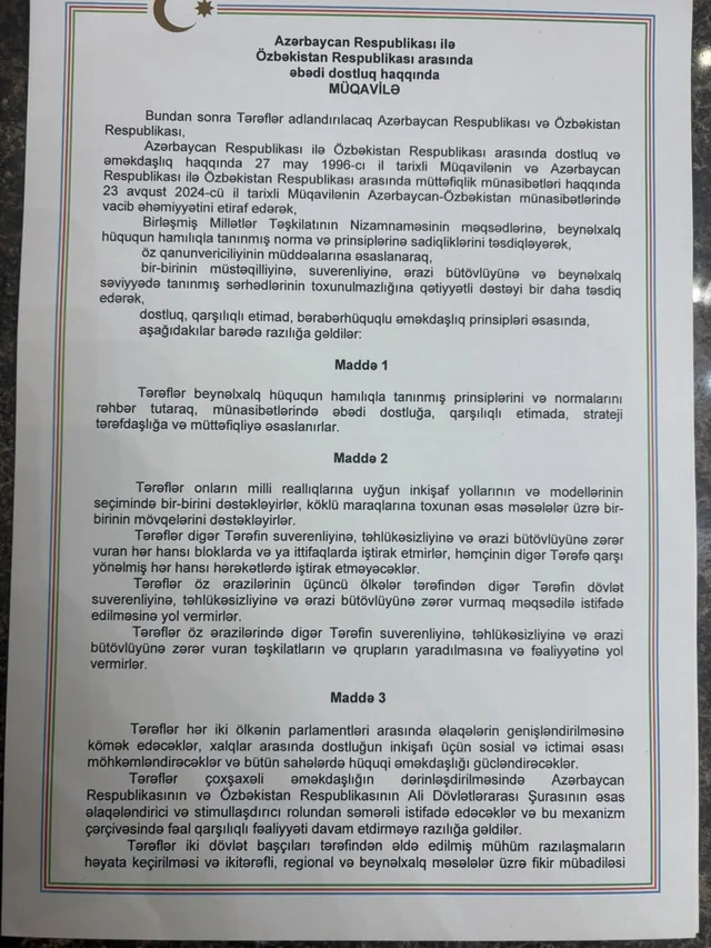 Azərbaycan və Özbəkistan arasında "Əbədi dostluq haqqında Müqavilə" imzalandı