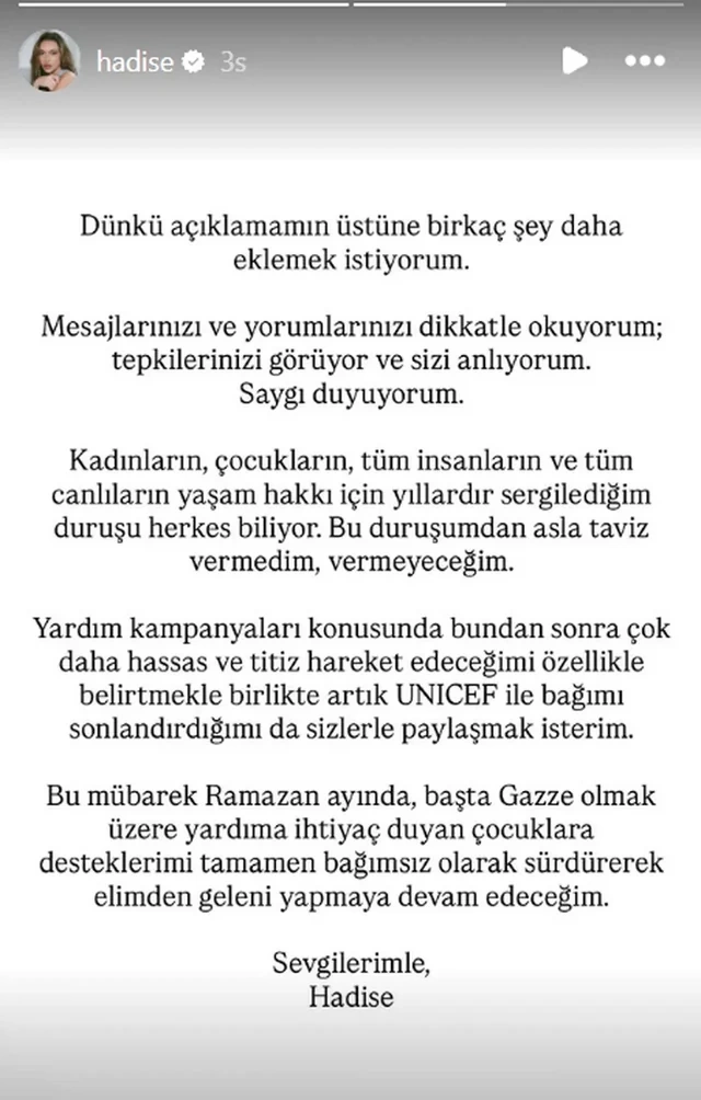 Müğənni Hadise UNICEF-lə əməkdaşlığa son qoydu