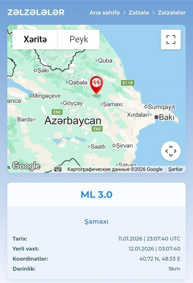 Şamaxı rayonunda zəlzələ olub