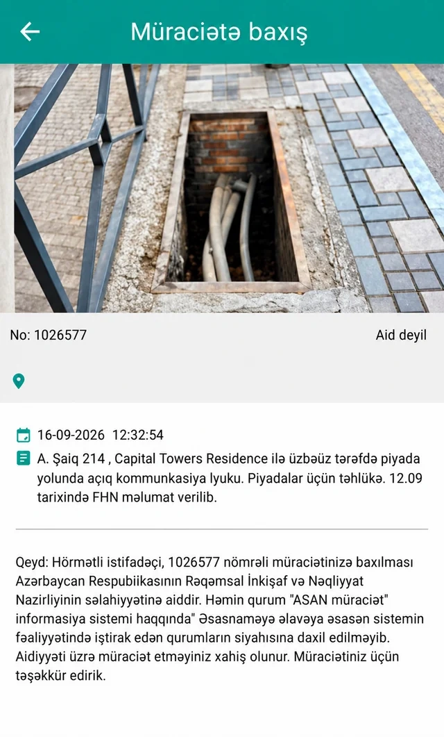 Bakıda yolun ortasında açıq qalan şaxta sakinlər üçün təhlükə yaradıb - FOTO