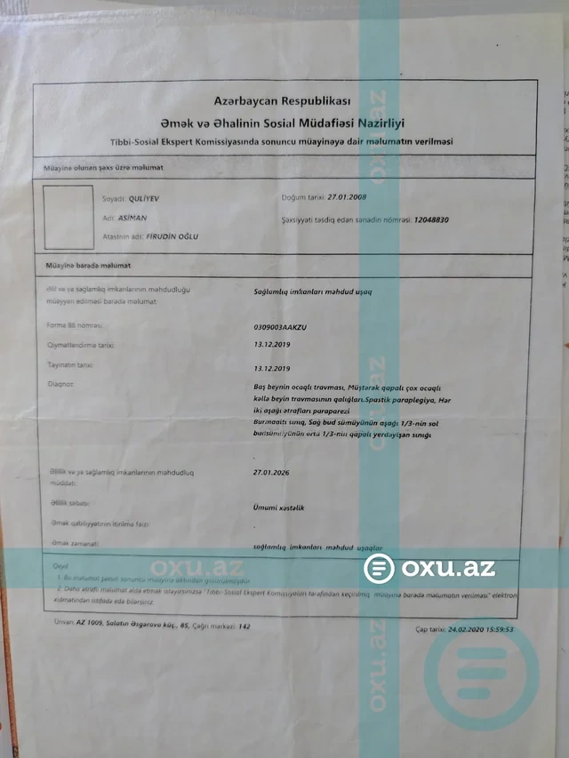 Qəzada ağır xəsarət alan gəncin əlillik müavinətinin dayandırılmasına AYDINLIQ GƏTİRİLİB - FOTO - VİDEO