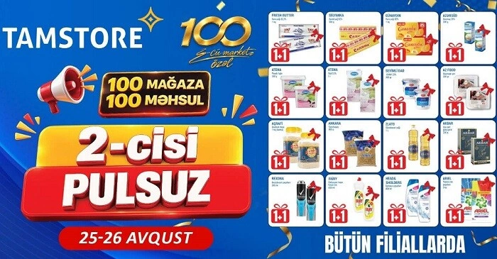 100-cü mağazaya özəl: 100 məhsulda 2-cisi pulsuz!