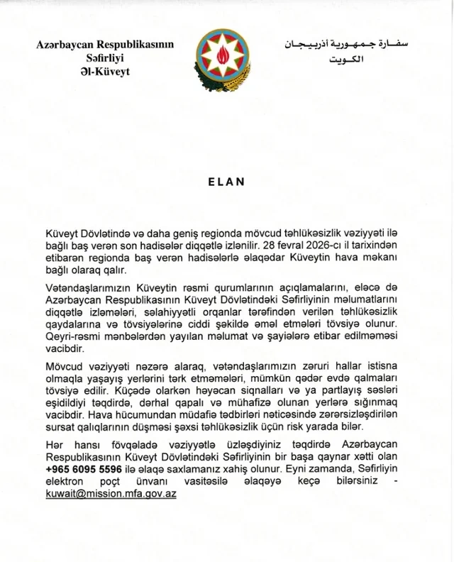 Azərbaycanın Küveytdəki səfirliyi vətəndaşlara çağırış edib