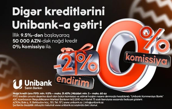 "Unibank"ın "Yeni il" kampaniyası davam edir: 0% komissiya, 2% endirim
