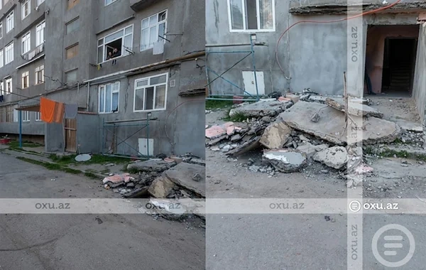 Bakıda QORXUNC HADİSƏ: Binanın giriş qapısının üstündəki beton plitə uçdu - VİDEO