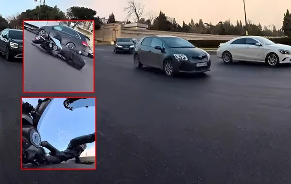Bakıda TƏHLÜKƏLİ ANLAR: Motosiklet sürücü ÖLÜMDƏN qurtuldu - VİDEO