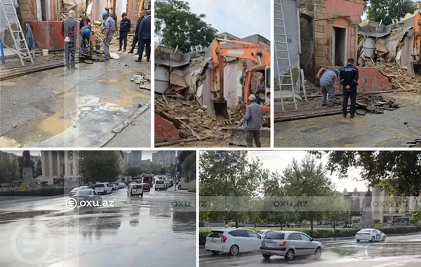Bakıda söküntü zamanı su borusu partladı - Video