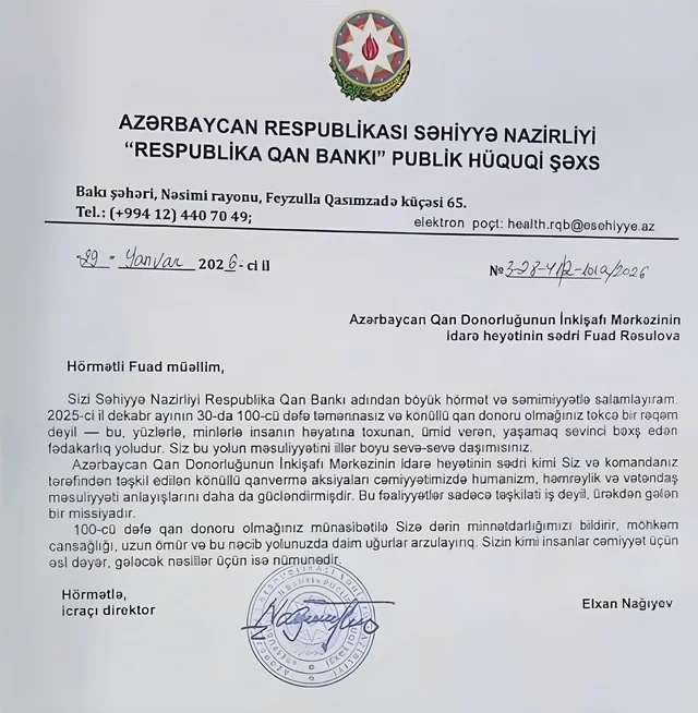 Respublika Qan Bankının 100 dəfə qan verən 43 yaşlı donoru təltif etməsi sual yaratdı