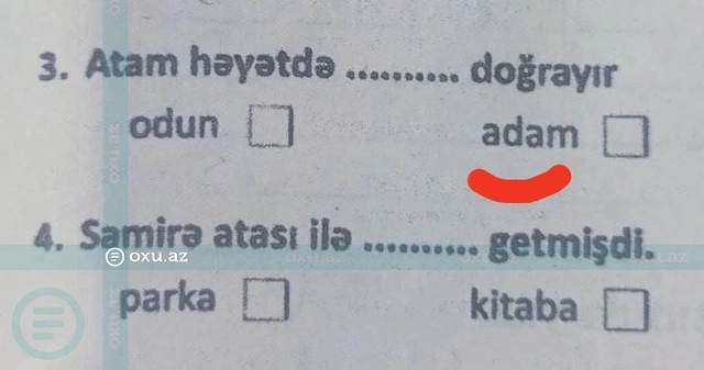 İbtidai sinif üçün vəsaitdə TÜKÜRPƏDƏN TAPŞIRIQ: "Atam həyətdə adam doğrayır"